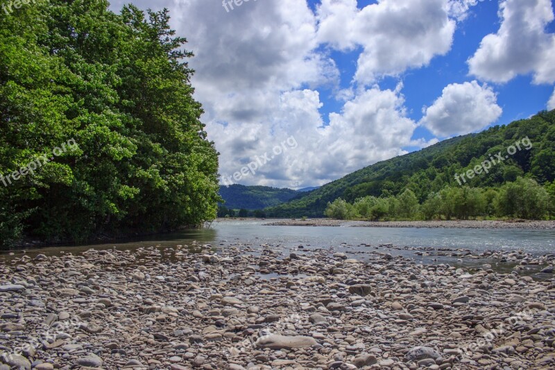 River The Caucasus Hills Green Trees