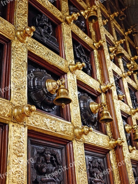 Hindu Temple Bells Wooden Door Architecture