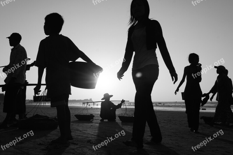 Black And White Beach Sea Sand Woman