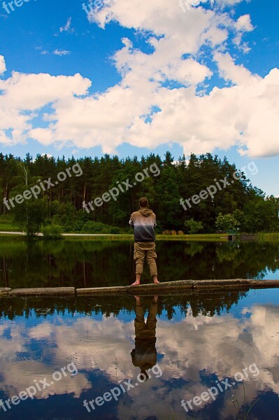 Man Pond Water Sky Mirroring