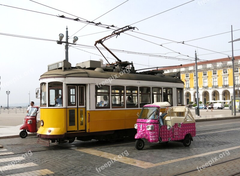 Tram Lisbon Tuk Tuk Motorcycle Road