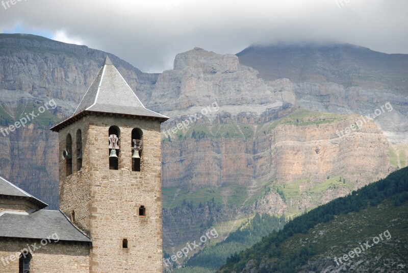 Tower Church Tower Torla Mountain Landscape