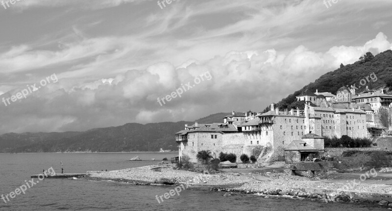 Athos Mountain Greece Monastery Church Black And White