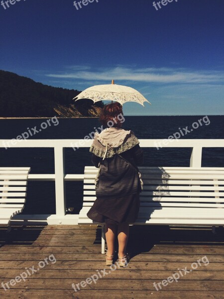 Woman Umbrella Classic Old Seascape