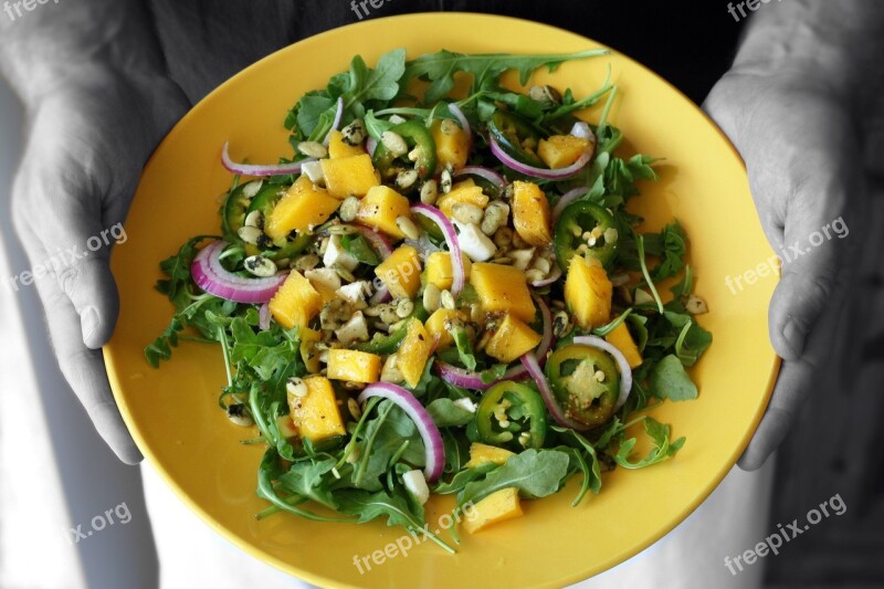 Mango Salad Hands Holding Arugula Lettuce Summer