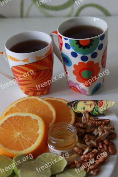 Tea Time Orange Table Tea Cups Morning