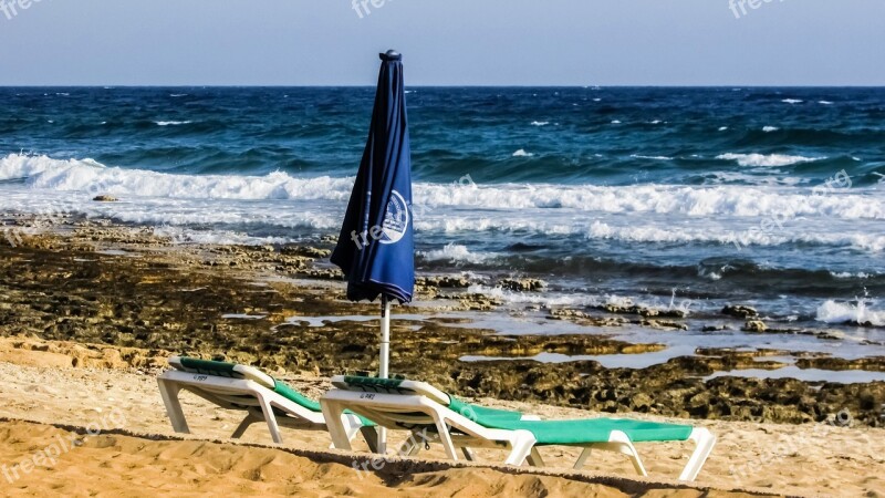 Beach Rocky Coast Sun Bed Umbrella Tourism