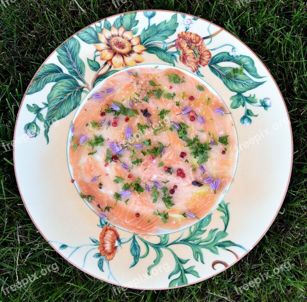 Plate Herbs Salmon Carpaccio Chive Flowers Entry