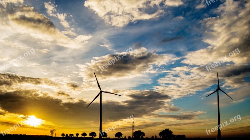 Sunset Windräder Abendstimmung Clouds Trees