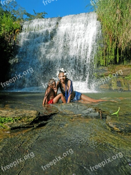 Mother And Daughter Waterfall Nature Water Rio