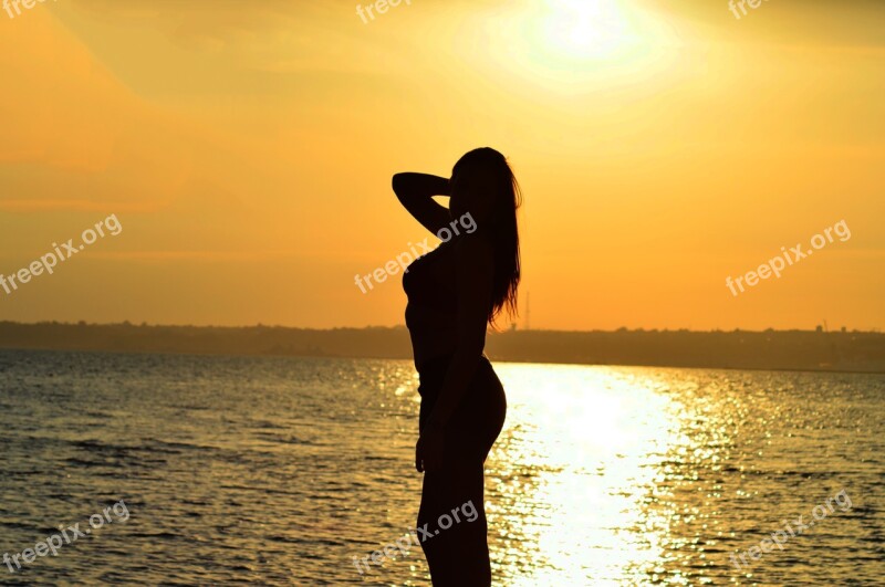 Silhouette Woman Girl Ocean Sun