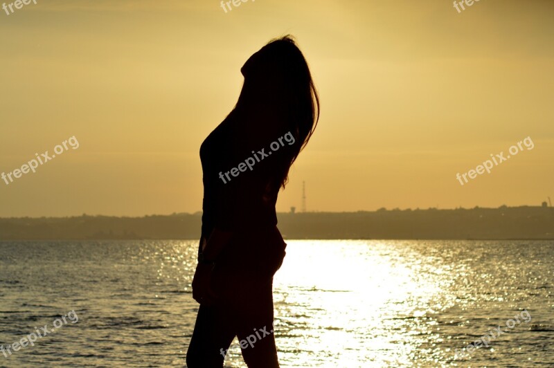 Silhouette Woman Girl Ocean Sun