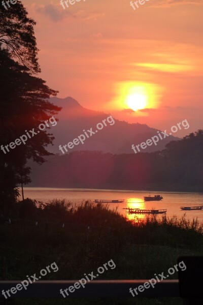 Laos Luang Prabang Mekong River Landscape Sunset