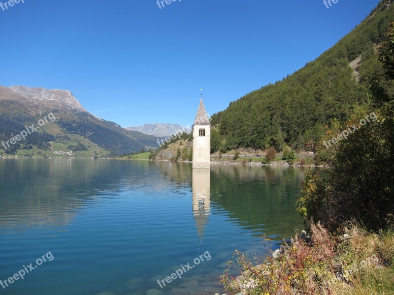 Reschensee Reschen Pass South Tyrol Lake Steeple