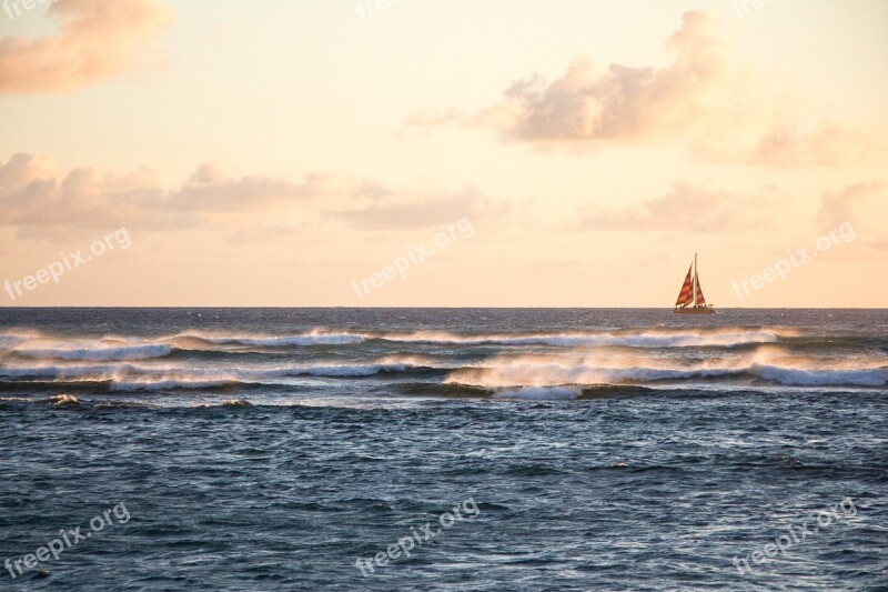 Hawaii Sailboat Sailing Dusk Waves