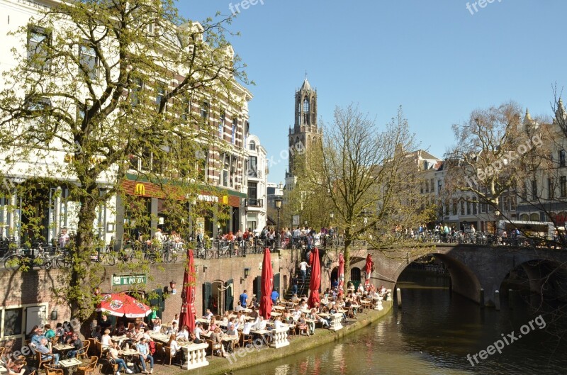 Netherlands Utrecht Terrace Canal Dom Tower