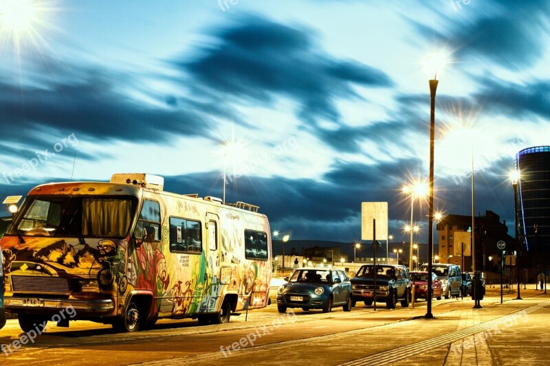 Bus Parking Night Cars Long Exposure