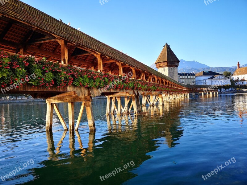 Lucerne Kappel Bridge Autumn Sunrise Morning