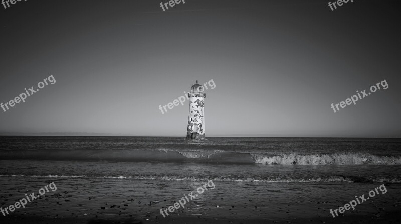 Lighthouse Wales Black White Sea Waves