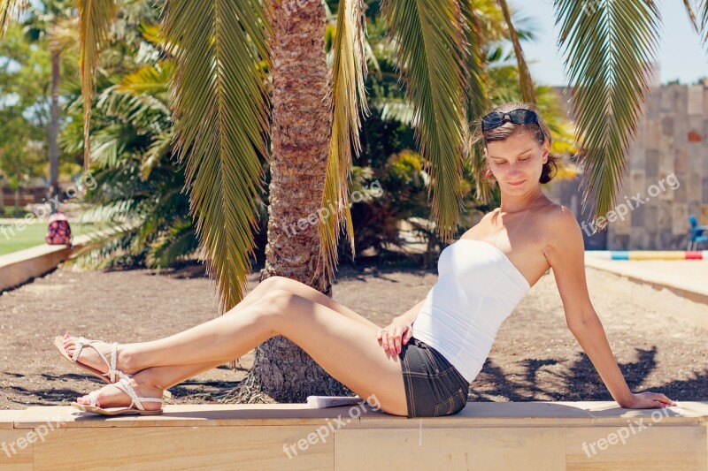 Young Woman Holiday Palm Tree Park Summer