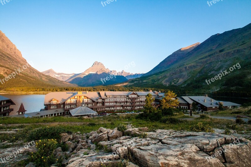 Glacier National Park Swiftcurrent Lake Many Glacier Hotel Free Photos