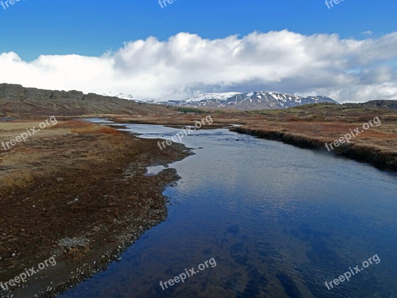 River Glacier Mountain Iceland Pingvellir