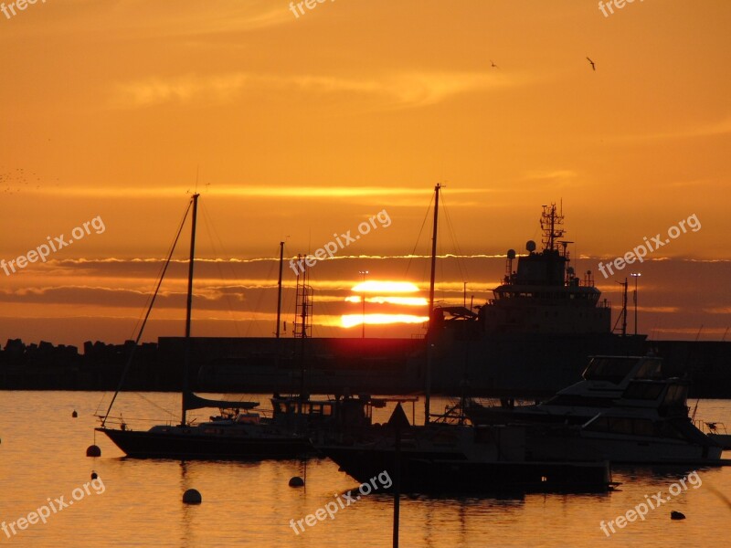 Port Harbour Ships Sunset Wharf