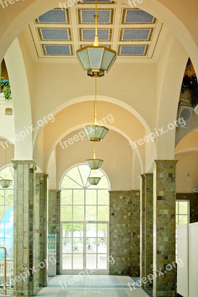 Round Arch Hall Columnar Pillared Hall Hanging Lamps