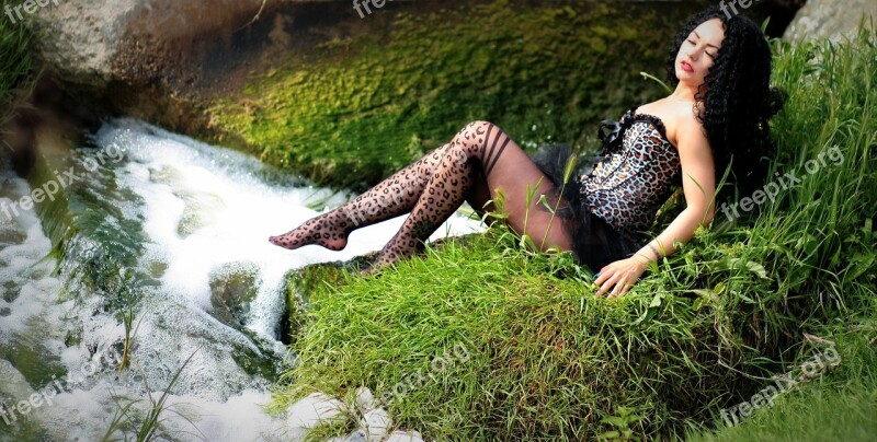 Girl Water Sensual Seated Grass