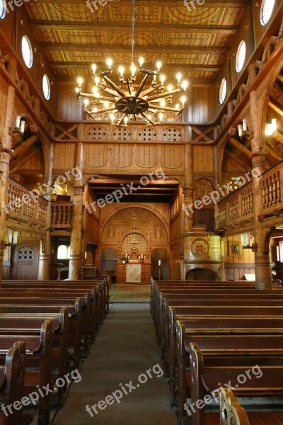 Stave Church Interior Chandelier Altar Benches