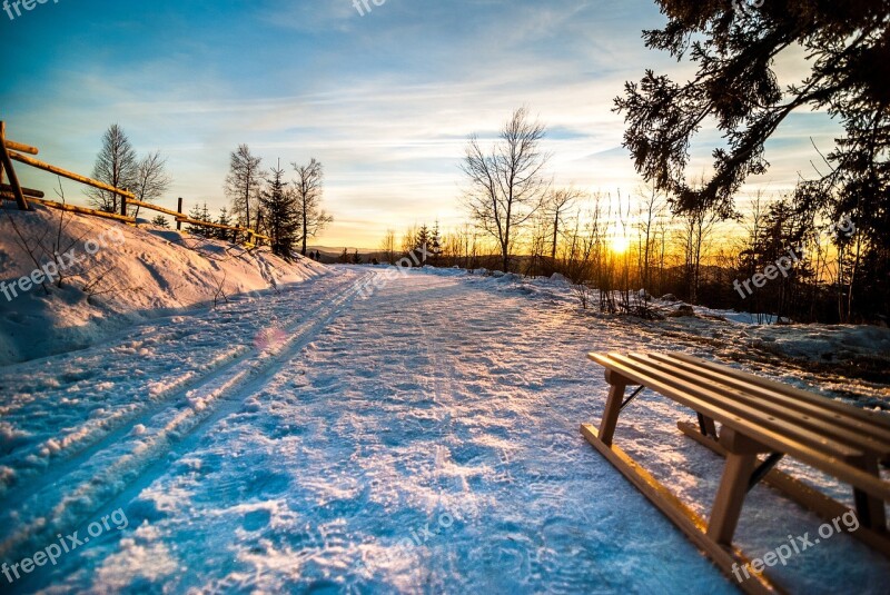 Winter Slide Sunset Tobogganing Wooden Sled