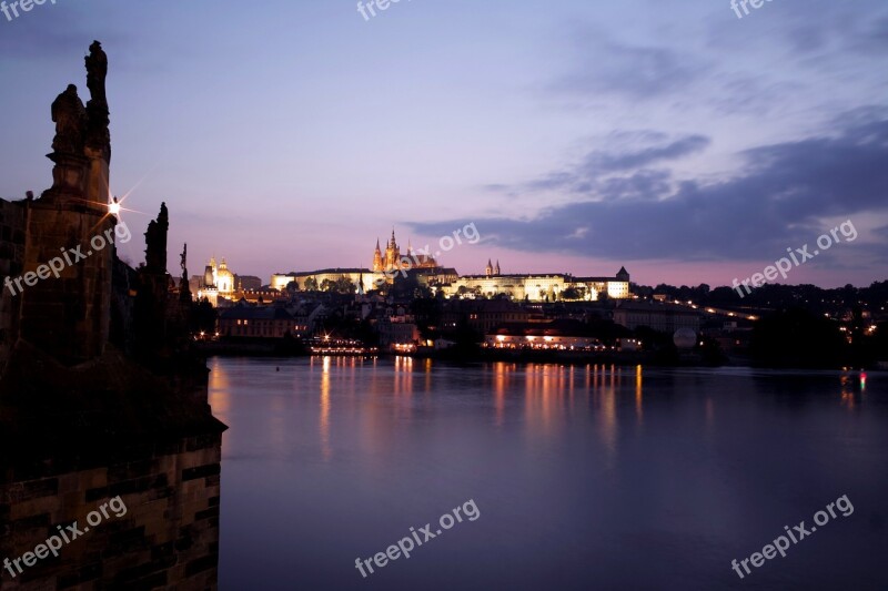 Czech Republic Prague Castle Night View Bridge