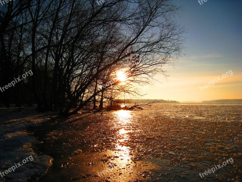 Winter Frozen Lake Ice Sunset Winter Ice Cover