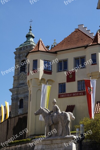 Basilica Statue Decorated Flag Procession