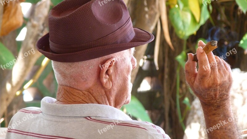 Old Man Smoking Cigar Cuba Hat