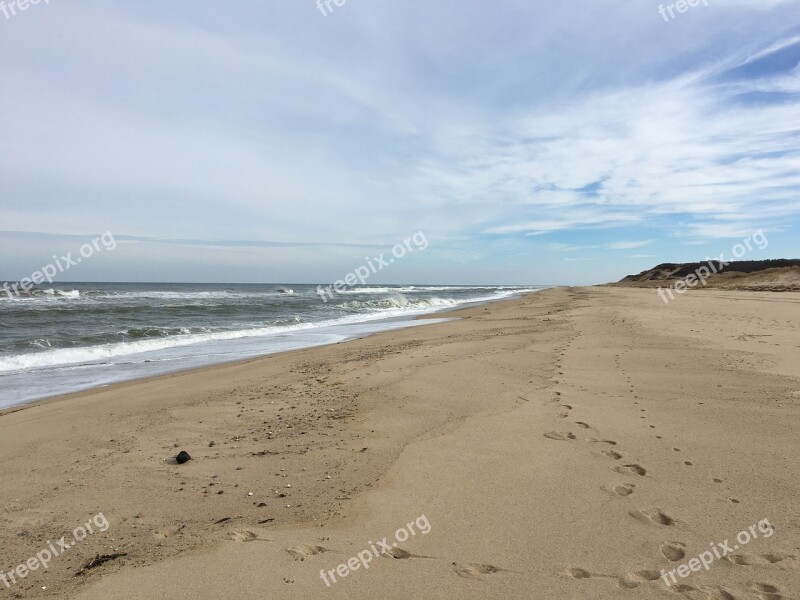 Footprints Beach Sky Dunes Waves