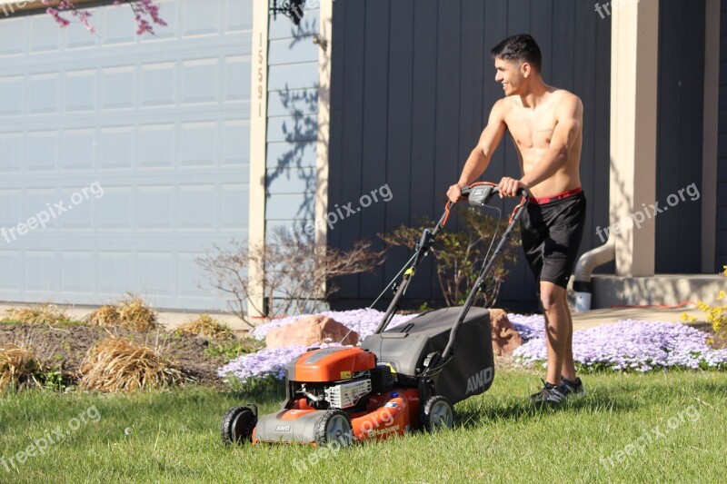 Lads Mowing Shirtless Blond Caucasian