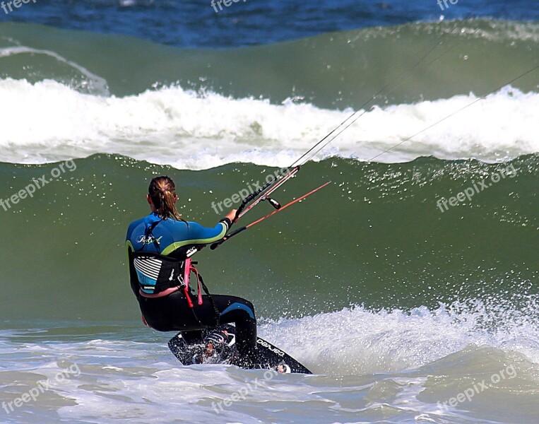 Woman Kiting Wave Ocean Sea