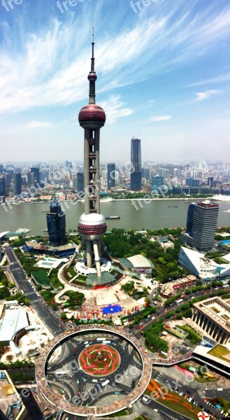 Shanghai Pearl Of The Orient Panorama Blue Sky Free Photos