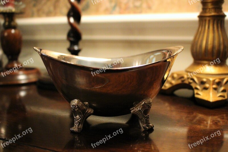 Silver Bowl Home Decor Wood Table Furniture Elegant Expensive