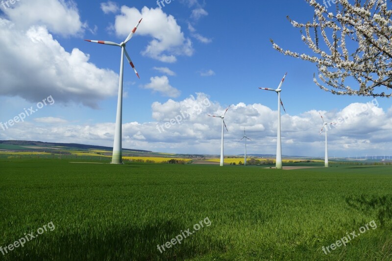 Wind Power Landscape Clouds Sky Green