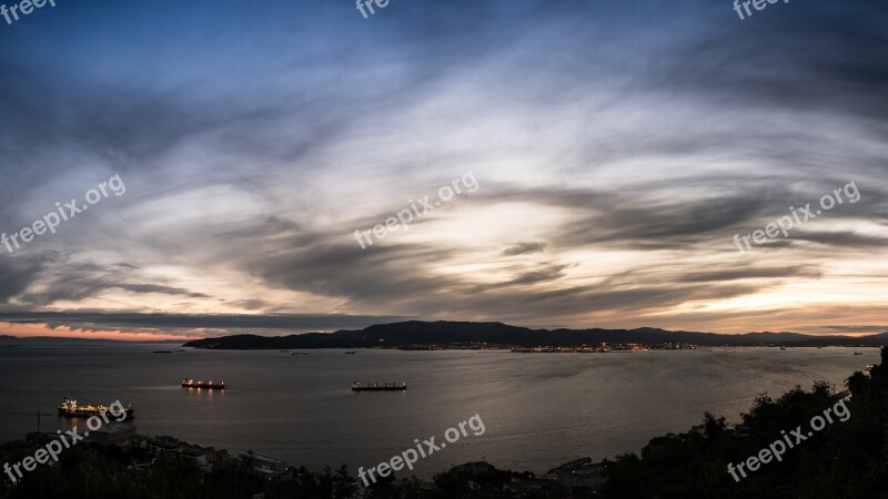 Sunset Gibraltar Algeciras Boats Ships