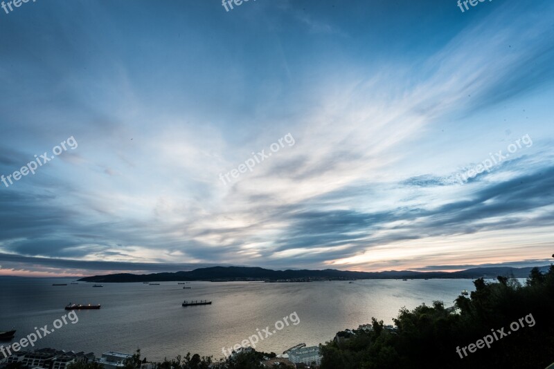 Sunset Gibraltar Algeciras Boats Ships