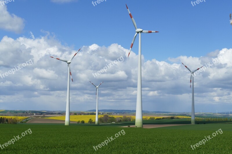 Meadow Oilseed Rape Wind Turbine Clouds Sky