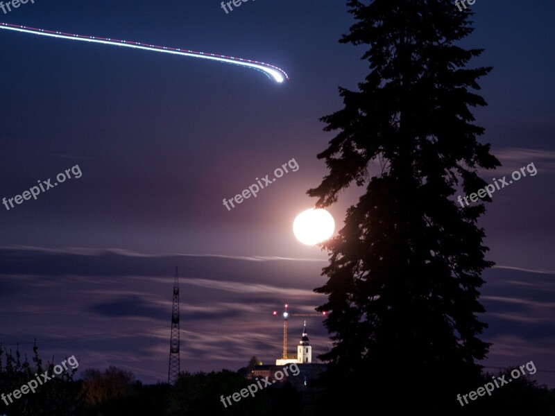 Moon Night Tree Aircraft Sky