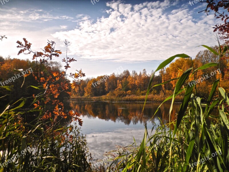 Landscape Autumn Harmony Panorama Pond