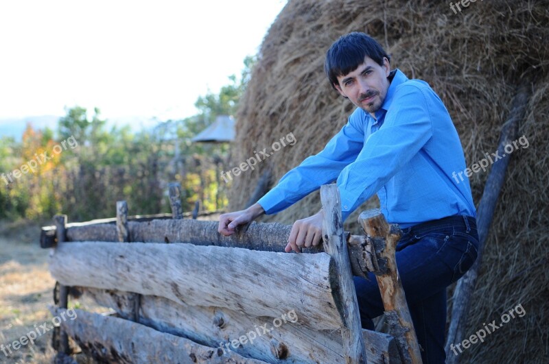 Haystack Man Male Fence Blue Shirt