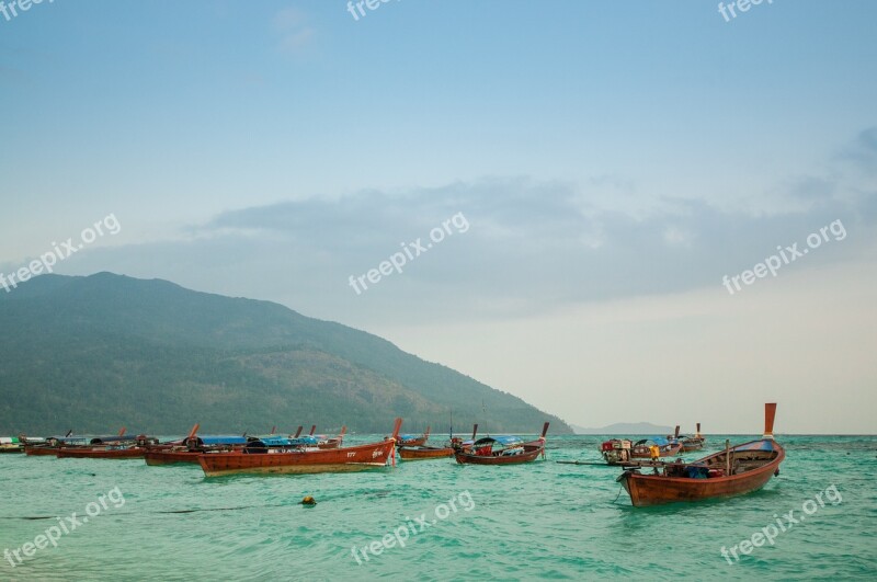 Thailand No People Boats Blue Water Sea