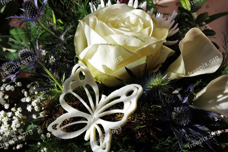 White Rose Bouquet Deco Butterfly White Calla Ornamental Thistles