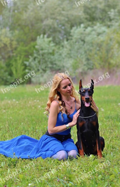 Doberman Woman And Dog Field Naturally Blonde Woman